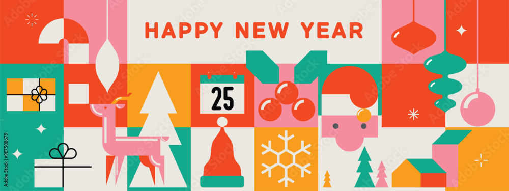Happy New Year. Merry Christmas cute modern minimalist geometric style elements, Santa, Christmas decorations, Christmas tree, Gift boxes and more. Vector illustration. Happy New Year. Merry Christmas cute modern minimalist geometric style elements, Santa, Christmas decorations, Christmas tree, Gift boxes and more. Vector illustration.