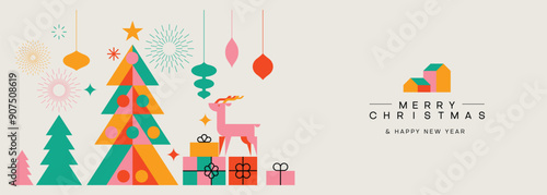 Merry Christmas modern minimalist geometric style. Christmas tree with geometrical pattern, gift boxes and Christmas decorations elements. Vector illustration.