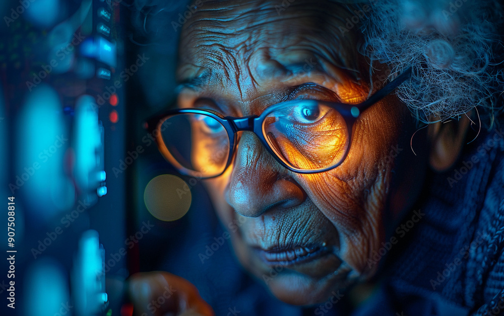 An adult Mixed Race person concentrates intensely while coding on a computer, illuminated by the screen’s glow in a dimly lit environment An adult Mixed Race person concentrates intensely while coding on a computer, illuminated by the screen’s glow in a dimly lit environment