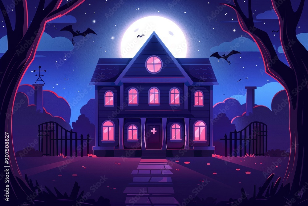 A spooky haunted house under a moonlit night is depicted in a flat design illustration. A spooky haunted house under a moonlit night is depicted in a flat design illustration.