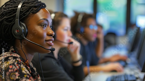 Customer support team providing professional assistance in a busy modern call center with advanced technology and efficient communication systems.