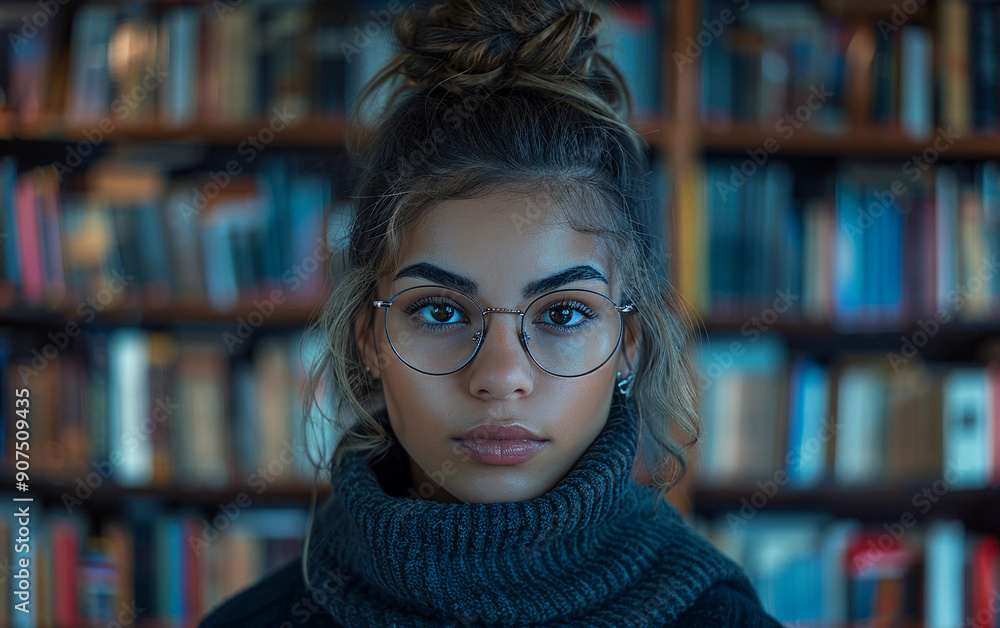 An adult Mixed Race escape room designer poses thoughtfully in front of a bookshelf filled with books, showcasing creativity and passion for design An adult Mixed Race escape room designer poses thoughtfully in front of a bookshelf filled with books, showcasing creativity and passion for design
