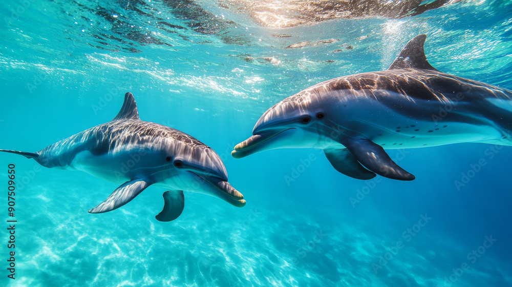Fototapeta premium Dolphins swimming in sparkling blue water, captured in a breathtaking underwater photo taken in Australia.