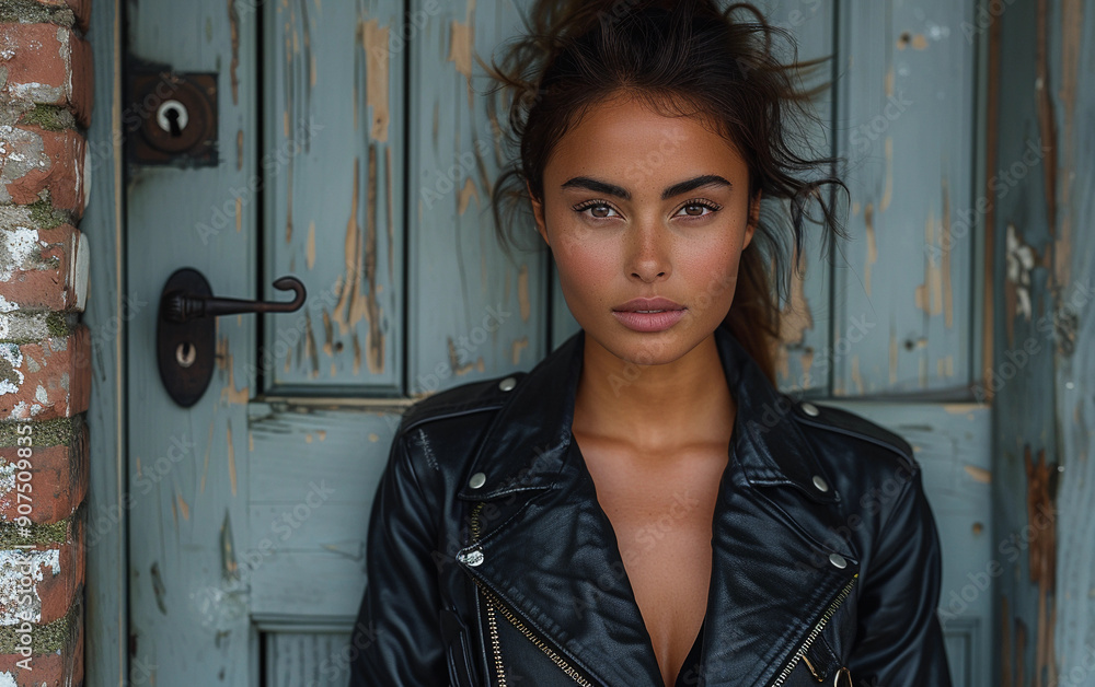 A mixed race individual presents a stylish outfit against a rustic door, capturing the essence of urban fashion A mixed race individual presents a stylish outfit against a rustic door, capturing the essence of urban fashion