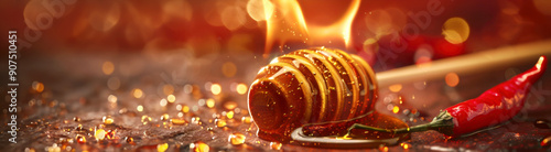 Burning honey dipper drips golden honey alongside vibrant red chili pepper on rustic surface, creating fiery culinary scene with warm, glowing background. Swicy sweet and spicy trend photo