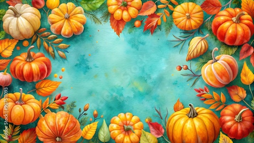 Autumnal Pumpkin Symphony: A Watercolor Thanksgiving Frame  Generative AI photo