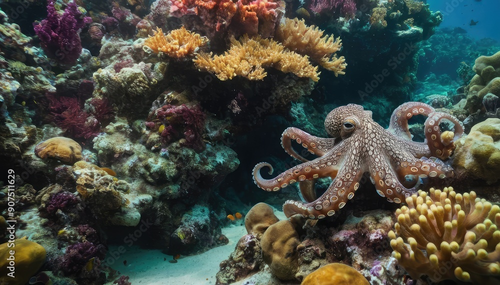 An octopus spreads its arms gracefully across a colorful coral reef, illustrating the beauty and complexity of marine life beneath the sea An octopus spreads its arms gracefully across a colorful coral reef, illustrating the beauty and complexity of marine life beneath the sea