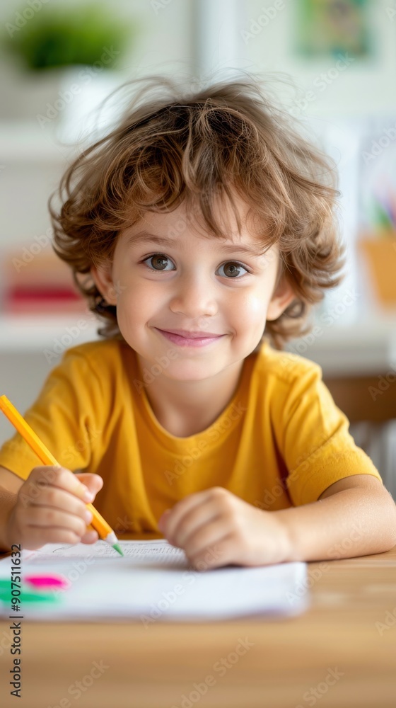 Happy Little Artist Drawing and Smiling Happy Little Artist Drawing and Smiling