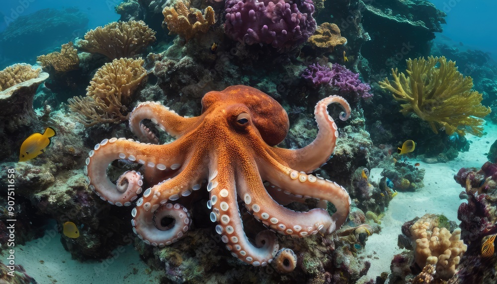 The image captures a striking orange octopus nestled among coral reefs, highlighting its intricate tentacles and the vibrant hues of its underwater habitat The image captures a striking orange octopus nestled among coral reefs, highlighting its intricate tentacles and the vibrant hues of its underwater habitat