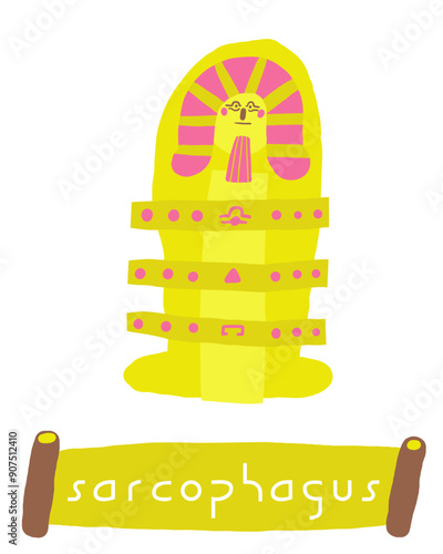 Learn ancient Egypt objects flashcard. Learning English words for kids. Cute hand drawn doodle educational card with pharaoh sarcophagus mummy tomb, toad. Preschool desert learning material