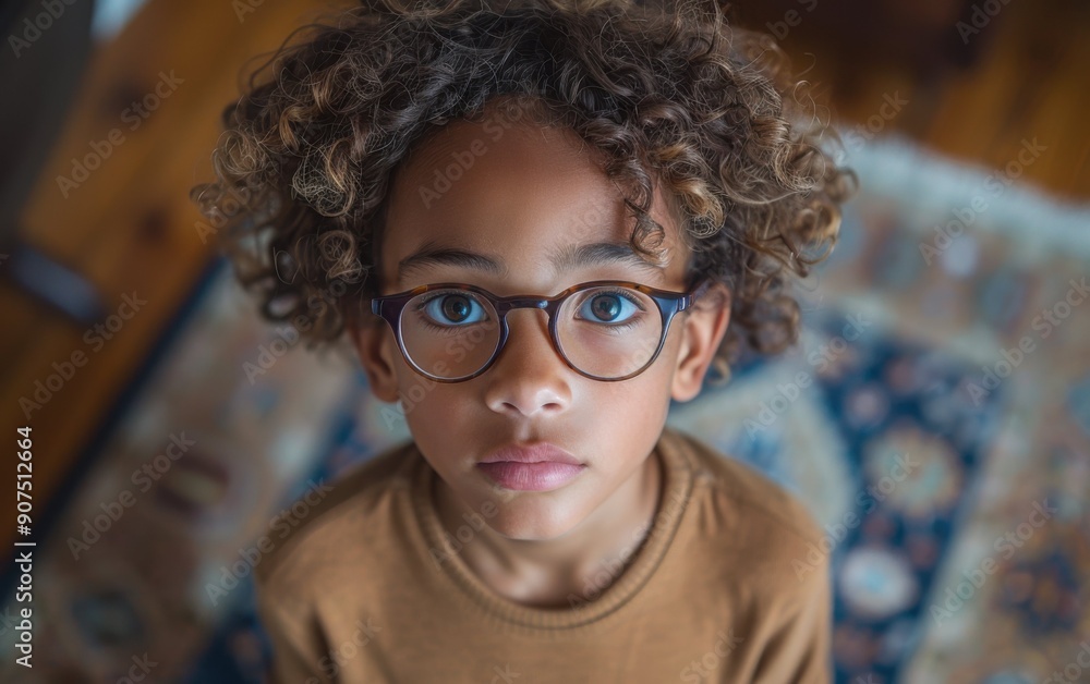 A child with curly hair and glasses captivates an audience with magic tricks, showcasing their talent and creativity in a warm home environment A child with curly hair and glasses captivates an audience with magic tricks, showcasing their talent and creativity in a warm home environment