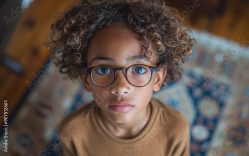 A child with curly hair and glasses captivates an audience with magic tricks, showcasing their talent and creativity in a warm home environment