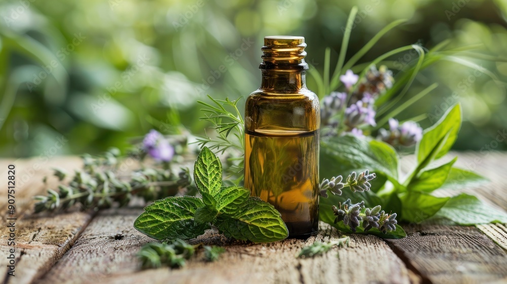Essential Oil Bottle Surrounded by Herbs Essential Oil Bottle Surrounded by Herbs