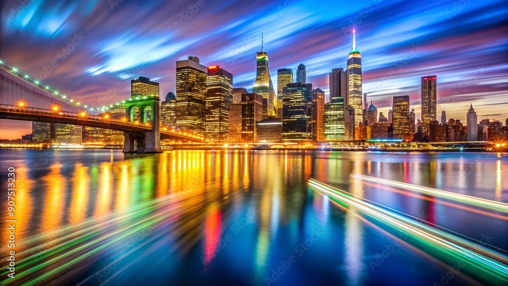 Obraz premium The Neon River: A Symphony of Light on the East River AI Generated