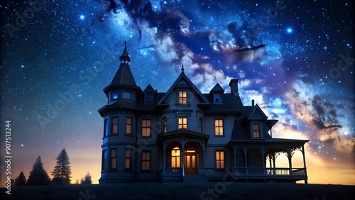 Silhouetted Victorian Mansion Against a Starry Sky  AI generated © Sanook