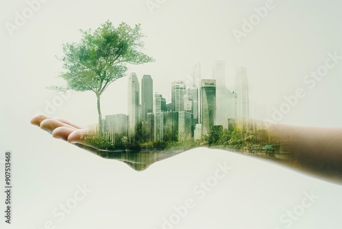 Hand holding sustainable cityscape with lush green trees