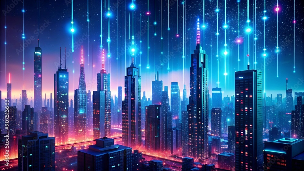 Fototapeta premium Binary Code Rain in a Cyberpunk Cityscape AI Generated
