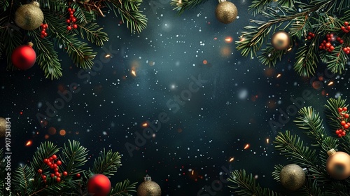 Edler weihnachtlicher Hintergrund mit Tannenzweigen und Christbaumkugeln - mit freiem Platz für Text 