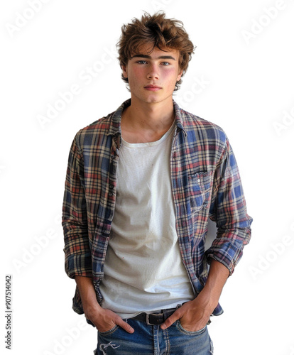 A young man with tousled hair is wearing a plaid shirt over a white t-shirt and blue jeans. He has his hands in his pockets and is looking directly at the camera with a neutral expression. photo