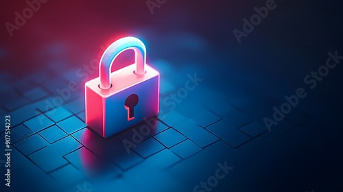 Illuminated 3D Isometric Digital Lock Icon on Dark Backdrop with Copy Space