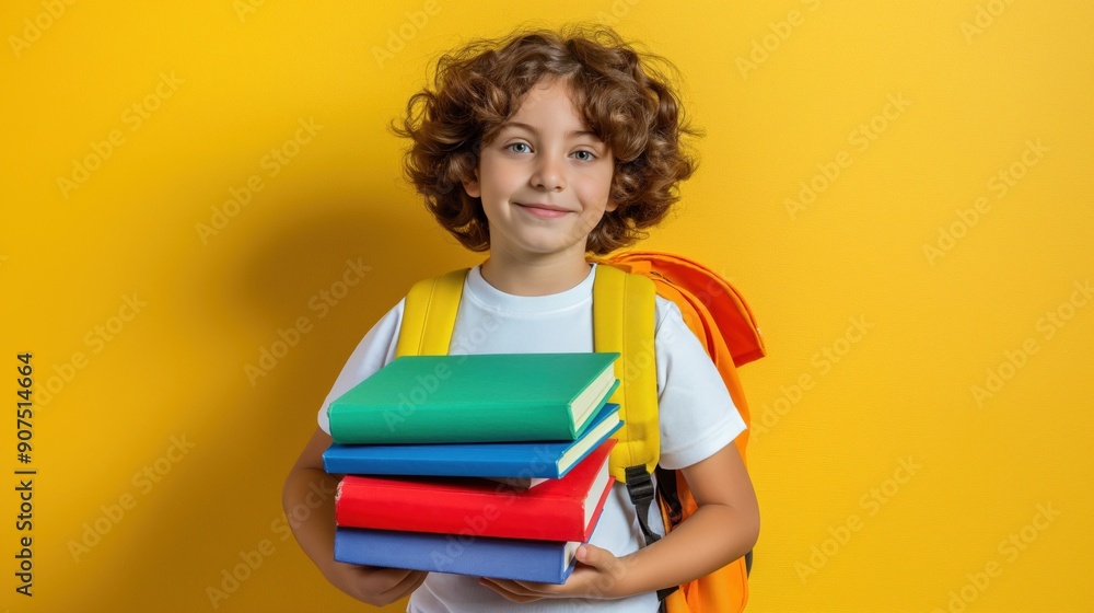Portrait of happy laughting face school child in glasses in white t-shirt holds colored books, backpack on bright background, Back to school Portrait of happy laughting face school child in glasses in white t-shirt holds colored books, backpack on bright background, Back to school