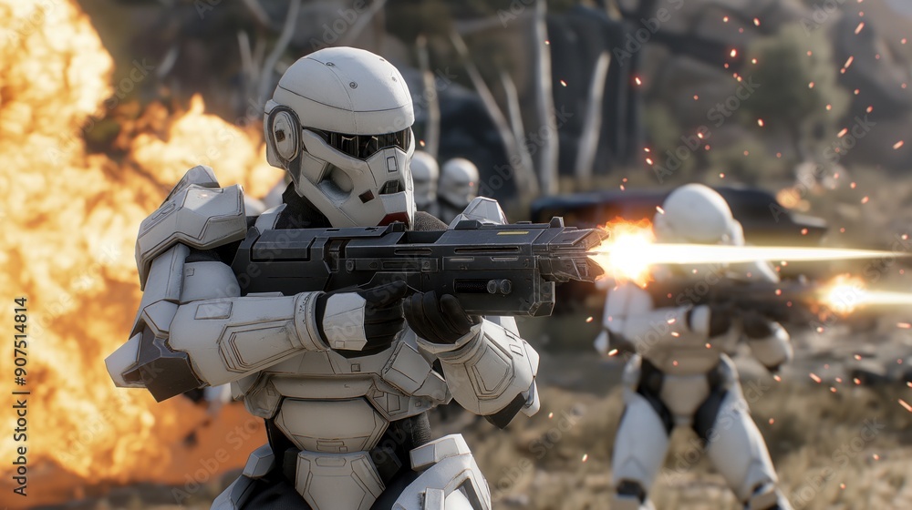 Futuristic soldiers in armored suits fire weapons amid explosions, showcasing a fierce battle in a post-apocalyptic environment as dusk approaches Futuristic soldiers in armored suits fire weapons amid explosions, showcasing a fierce battle in a post-apocalyptic environment as dusk approaches