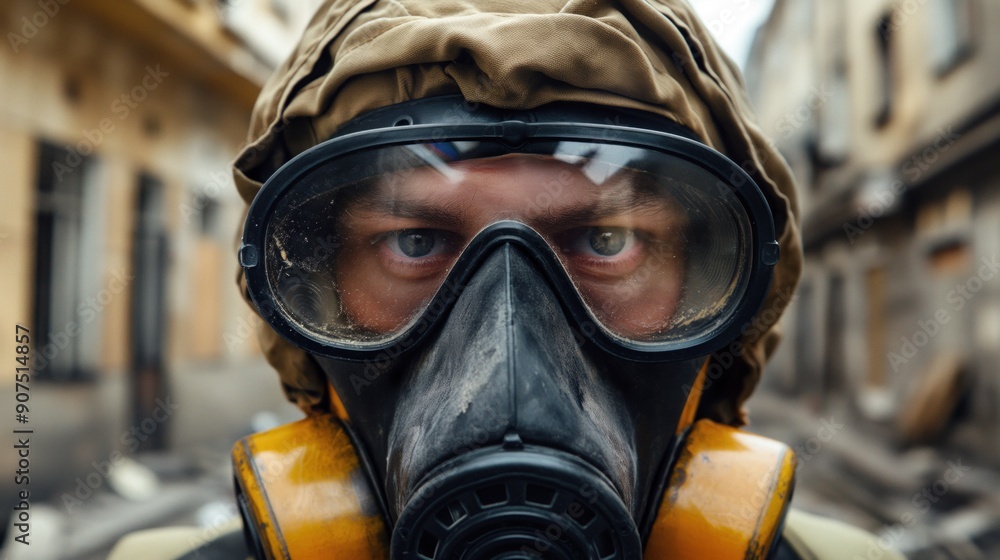 A person in a protective mask surveys the deserted streets of a dilapidated city, showcasing the aftermath of a catastrophic event that caused significant devastation A person in a protective mask surveys the deserted streets of a dilapidated city, showcasing the aftermath of a catastrophic event that caused significant devastation