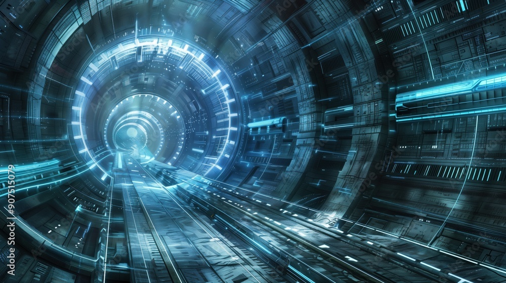 A high-tech tunnel features glowing elements and digital patterns as it stretches into the distance, evoking a sense of speed and exploration in a futuristic environment A high-tech tunnel features glowing elements and digital patterns as it stretches into the distance, evoking a sense of speed and exploration in a futuristic environment