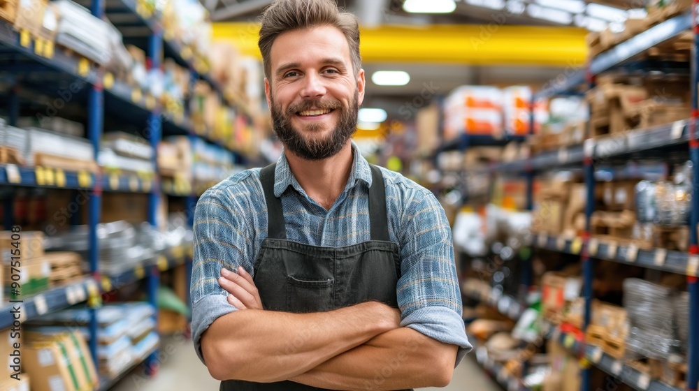 A cheerful employee stands confidently in the aisle of a home improvement warehouse, ready to assist customers with a welcoming smile and crossed arms A cheerful employee stands confidently in the aisle of a home improvement warehouse, ready to assist customers with a welcoming smile and crossed arms