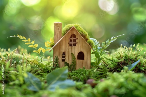 Miniature wooden house in a lush green forest setting with soft, dappled sunlight. photo