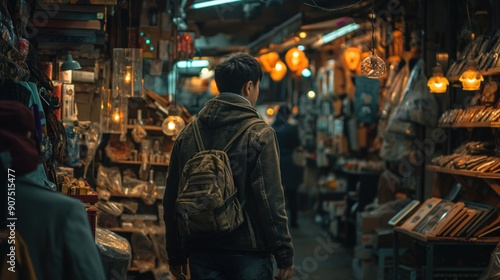 A young person walks through a lively market filled with various stalls illuminated by warm lights, surrounded by an array of unique items in the evening atmosphere