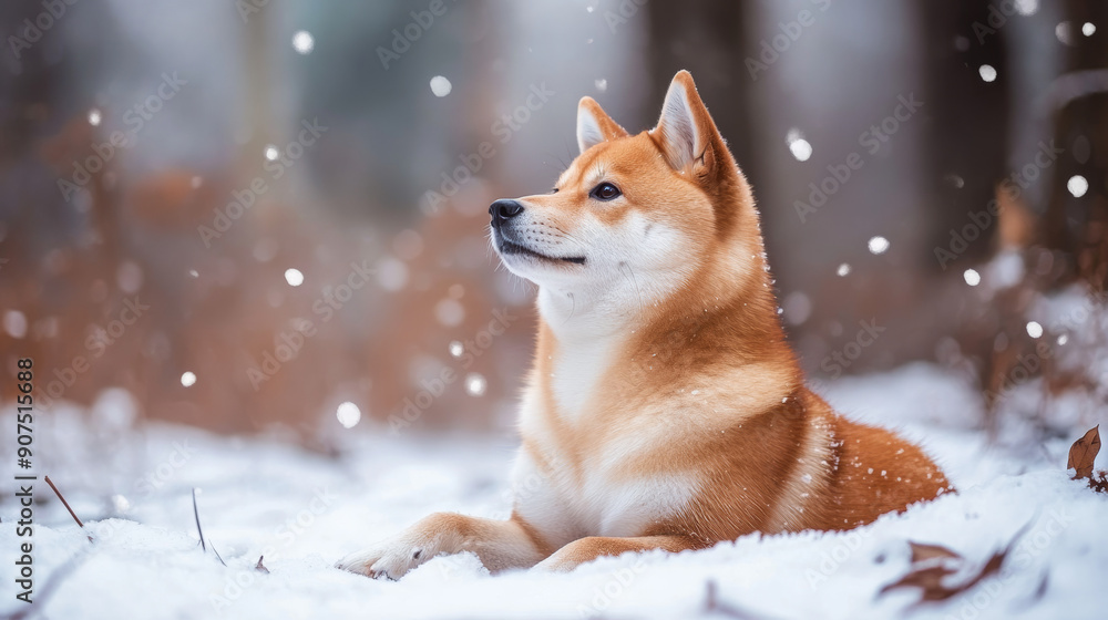 Shiba Inu dog enjoying the snowy winter forest. Shiba Inu dog enjoying the snowy winter forest.