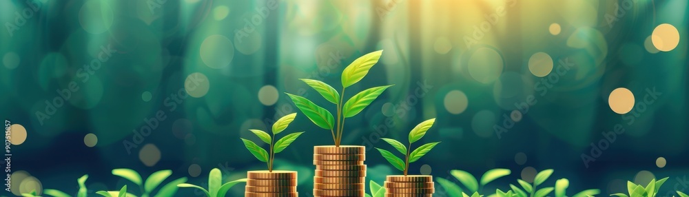 A vibrant scene depicting green plants growing from stacks of coins, symbolizing wealth, growth, and sustainability in nature. A vibrant scene depicting green plants growing from stacks of coins, symbolizing wealth, growth, and sustainability in nature.