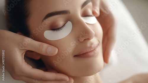 The client relaxing with soothing eye pads on, while the cosmetologist gently applies a facial treatment, creating a serene spa atmosphere