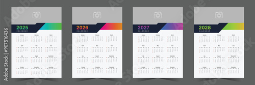 Modern wall calendar design for 2025, 2026, 2027, 2028. One page wall calendar template design, week starts on sunday, minimalist style