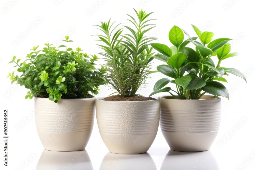 Three potted plants isolated on white background. Three potted plants isolated on white background.
