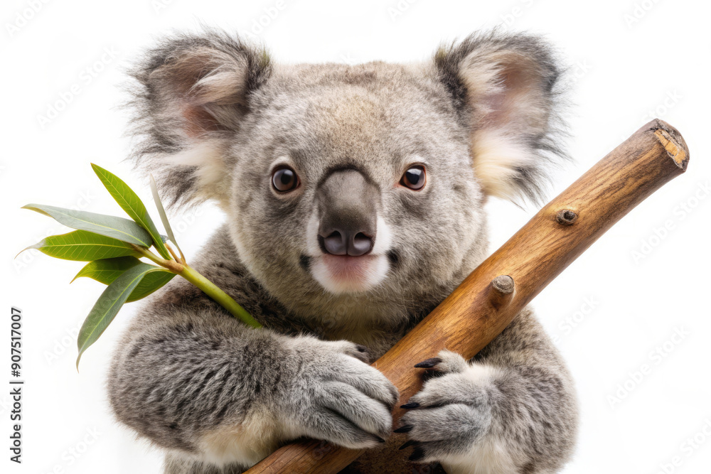 Obraz premium Adorable Koala Holding Branch with Green Leaves.