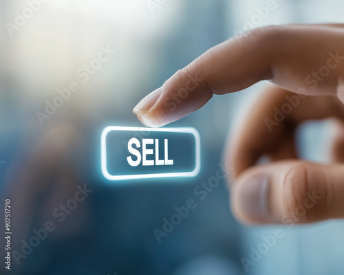 Finger pushing down on a button with the text sell