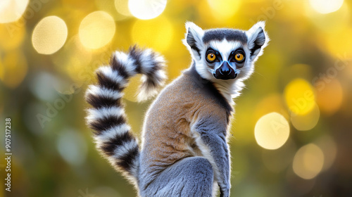 The lemur raises its tail against a blurred background.