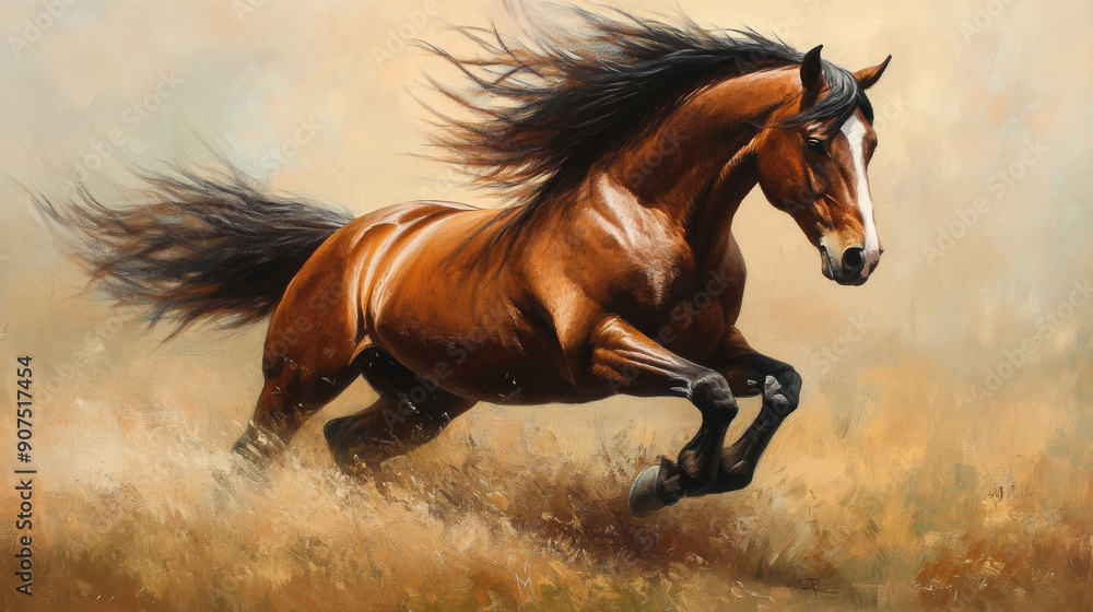 This portrait captures the beauty of an American Quarter Horse with its long, flowing mane and tail. The muscular stallion is shown in a dynamic pose, showcasing its strength and power. This portrait captures the beauty of an American Quarter Horse with its long, flowing mane and tail. The muscular stallion is shown in a dynamic pose, showcasing its strength and power.
