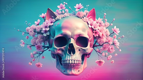 Retro Glitch Cat Skull with Cherry Blossom  generative AI photo