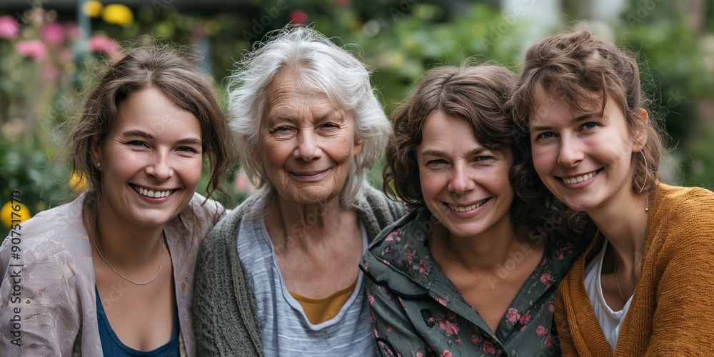 Four women are smiling and hugging each other. The older woman is wearing a green jacket. The younger women are wearing yellow and orange jackets Four women are smiling and hugging each other. The older woman is wearing a green jacket. The younger women are wearing yellow and orange jackets