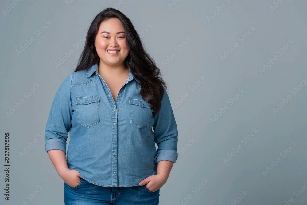 smiling overweight young asian woman in jeans posing with hands in pockets isolated on grey smiling overweight young asian woman in jeans posing with hands in pockets isolated on grey