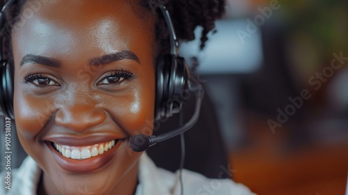 Smiling African customer service agent providing professional assistance in a modern office environment photo