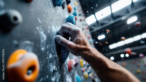 Close-up view of a climber is hand gripping a small hold on a colorful bouldering wall inside a gym, with chalked hands and focused expression. Background shows other climbing holds and gym