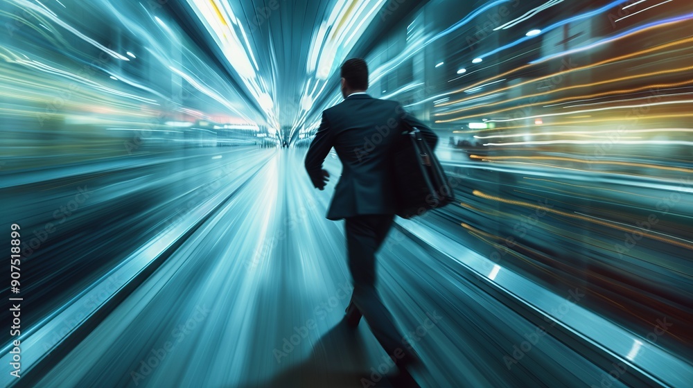 Dynamic businessman running at high speed against a blurred background symbolizing rapid success, fast-paced business environment, and agile career advancement in the corporate world. Dynamic businessman running at high speed against a blurred background symbolizing rapid success, fast-paced business environment, and agile career advancement in the corporate world.