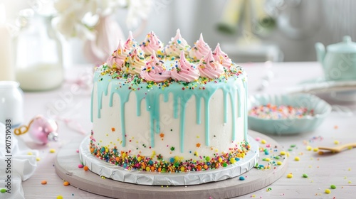 Wallpaper Mural A white cake with a turquoise drizzle and topped with pink and yellow swirls of frosting sits on a white table surrounded by colorful sprinkles Torontodigital.ca