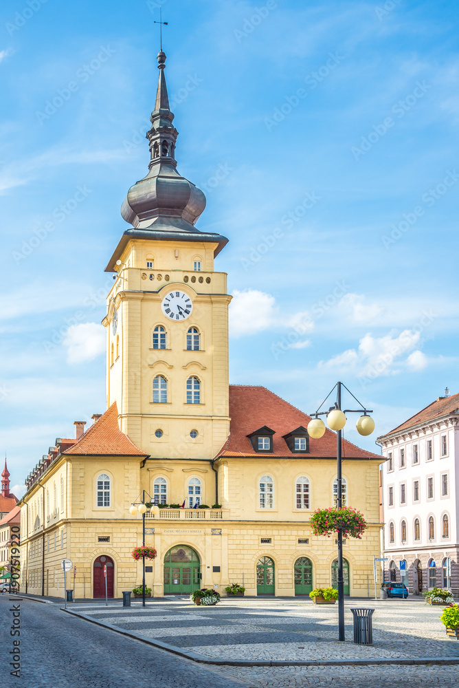 Naklejka premium View at the Town hall with Clock tower in Zatec town, Czech Republic