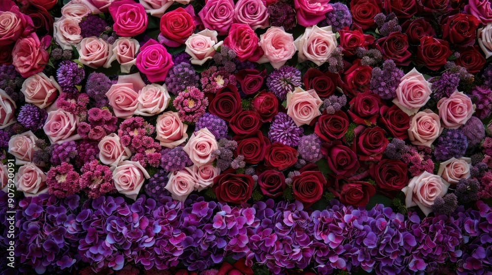 A captivating display of pink and purple roses, interspersed with delicate purple blooms, creates a mesmerizing and textured floral arrangement A captivating display of pink and purple roses, interspersed with delicate purple blooms, creates a mesmerizing and textured floral arrangement