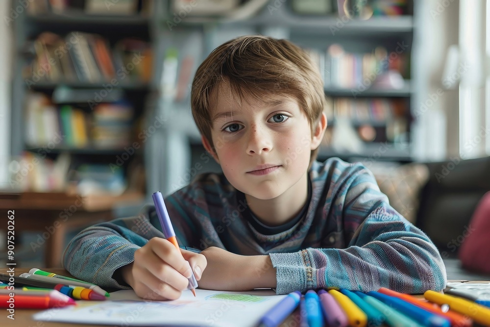 Portrait of a little teenage boy drawing with colorful pens, sitting at home at his desk, A small child doing school homework, a place to copy, Generative AI Portrait of a little teenage boy drawing with colorful pens, sitting at home at his desk, A small child doing school homework, a place to copy, Generative AI